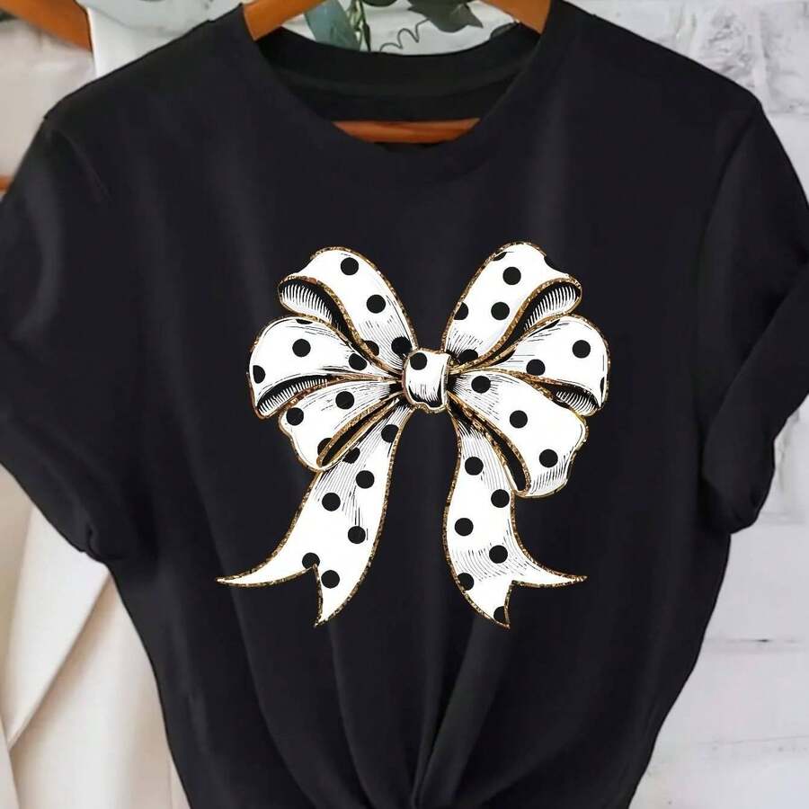 Women's T-Shirt With Sparkling Golden Cherry Design - 黑色 - 查看 1