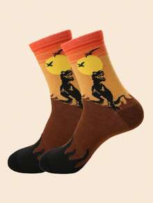 1/3/6 Pairs Random Men's Dinosaur Contrast Color Pattern Comfortable Versatile Mid-Calf Socks, Suitable For Outfits - Multicolor - View 6