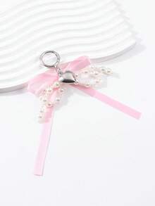 1pc French Elegant Pearl Ribbon Keychain, Dual-Color Satin Bow Design, Pearl Bow + Heart Pendant, Versatile Bag Accessory - Multicolor - View 5