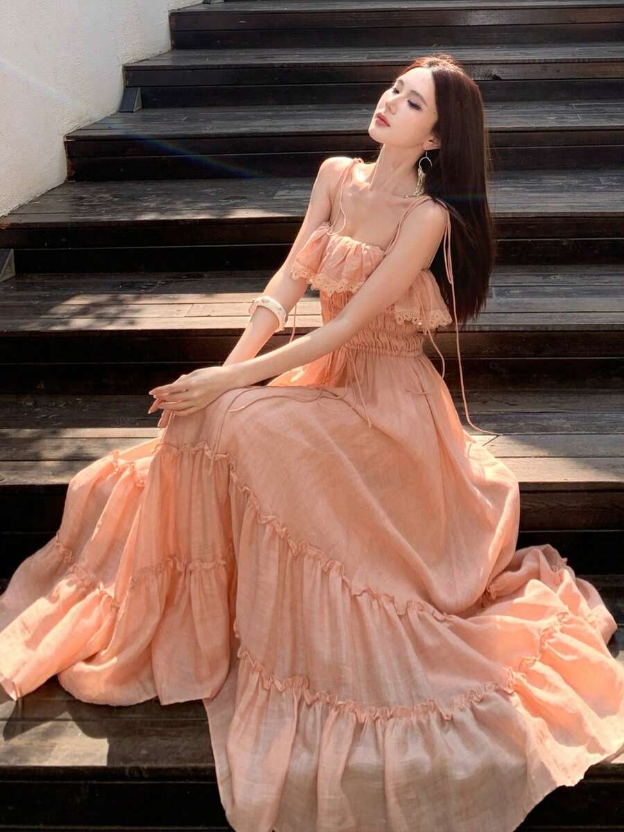 New Women's Summer Maxi Dress, Gorgeous, Ruffled, Sleeveless, Strappy, Vacation Design, Flattering, Perfect For Holidays, Beach, Sightseeing And Photogenic Looks - Dark Gold - 查看 1