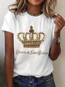 Women's T-Shirt With "Queen Of Everything" Letter Print And Gold, Casual Short-Sleeved Crew Neck T-Shirt, Easy To Wear For Spring And Summer, For Women - 白色 - 查看 6