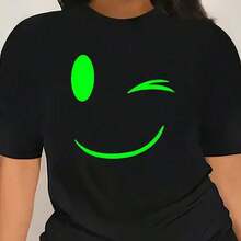 TrendyWomen Neon Green Happy Face T-Shirt - Short Sleeve, Round Neck, Luminous Print, Lime Green Color, Ideal For Spring, Summer And Autumn, Cute Clothes For Parties Or Daily Wear, Machine Washable - Black - View 3
