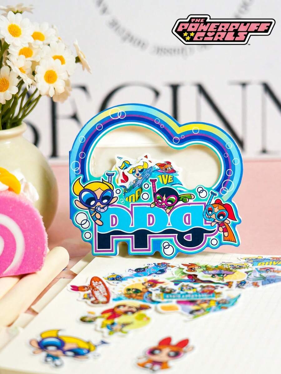 THE POWERPUFF GIRLS 20 miếng dán PET hình Powerpuff Girls, hình hoạt hình, chống thấm nước, hình Blossom, Bubbles và Buttercup dùng cho bình nước, máy tính xách tay, sổ tay, album ảnh. - Màu xanh nhạt - Xem 1