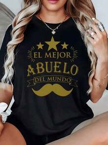 100% Cotton. Gold Stars With A Phrase Celebrating The World's Most Amazing Grandpa And A Large Central Mustache. Women's T-Shirt, 100% Cotton, 220g. Women's Simple Solid Color T-Shirt, Loose And Slim Fit Casual Short Sleeve - 黑色 - 查看 1