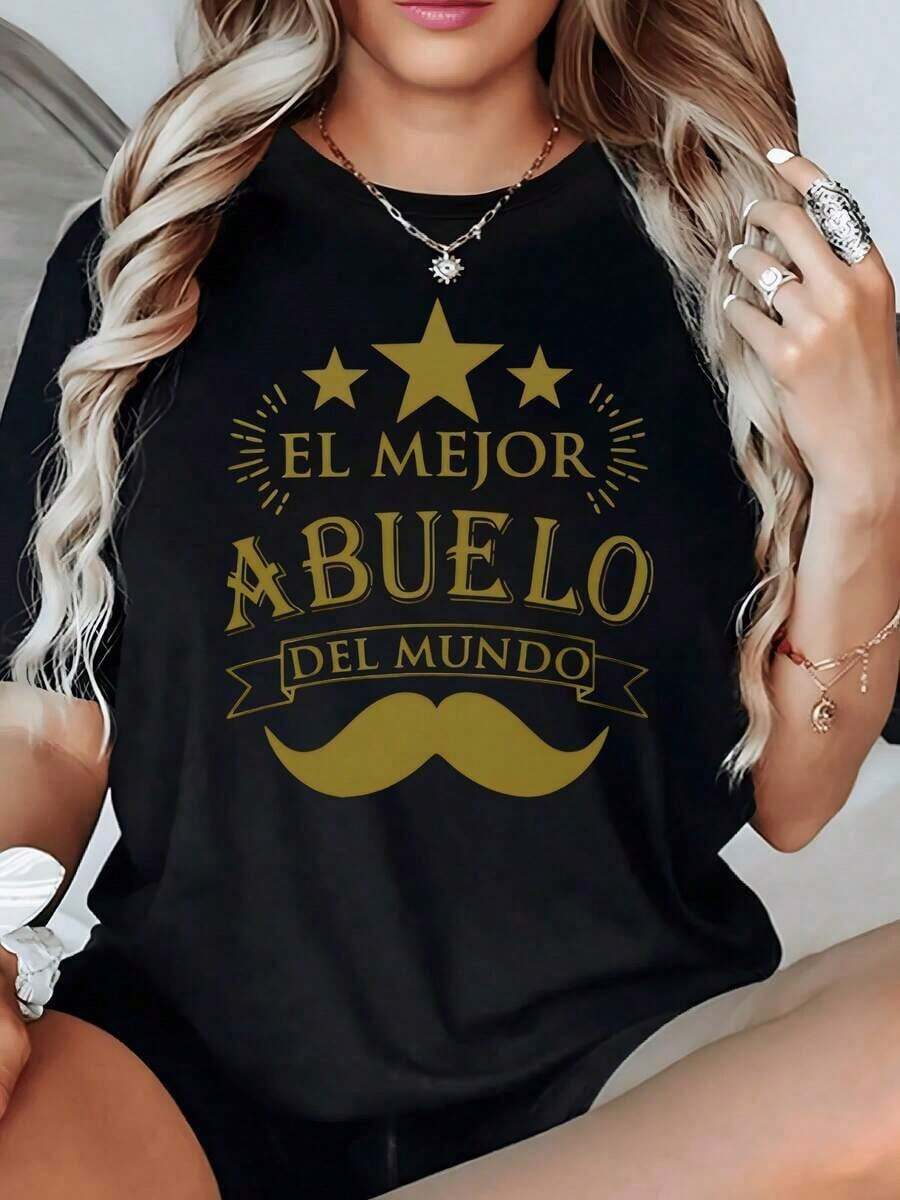 100% Cotton. Gold Stars With A Phrase Celebrating The World's Most Amazing Grandpa And A Large Central Mustache. Women's T-Shirt, 100% Cotton, 220g. Women's Simple Solid Color T-Shirt, Loose And Slim Fit Casual Short Sleeve - 黑色 - 查看 1