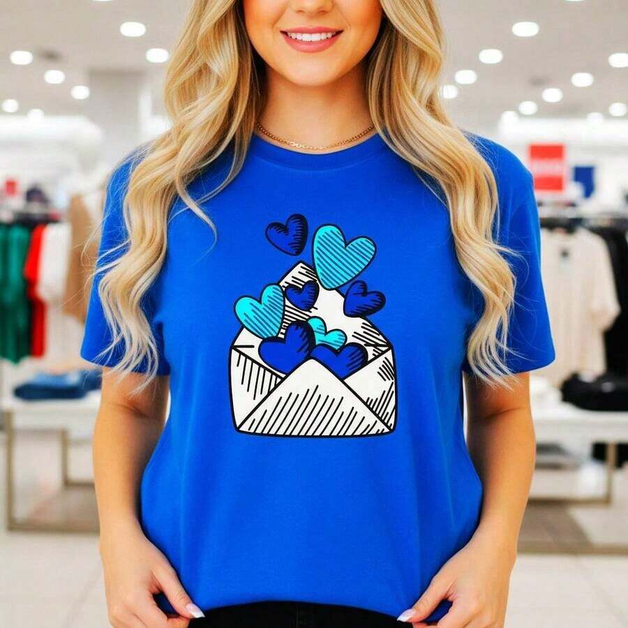 GiftWomen Valentine's Day Heart And Envelope Print Cotton T-Shirt, Casual Short Sleeve Crew Neck T-Shirt, Available Sizes, Love Letter Print T-Shirt For Holiday, Daily Wear, Soft And Comfortable Cotton Blouse, Perfect Gift For Her. - 藍色 - 查看 1