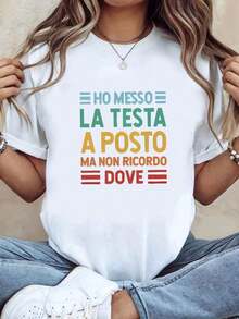 Italian: I Cleared My Head But I Don't Remember Where, Women's Letter Print T-Shirt, Short Sleeve, Round Neck, Casual Top For Summer And Spring, Women's Clothing - 白色 - 查看 7
