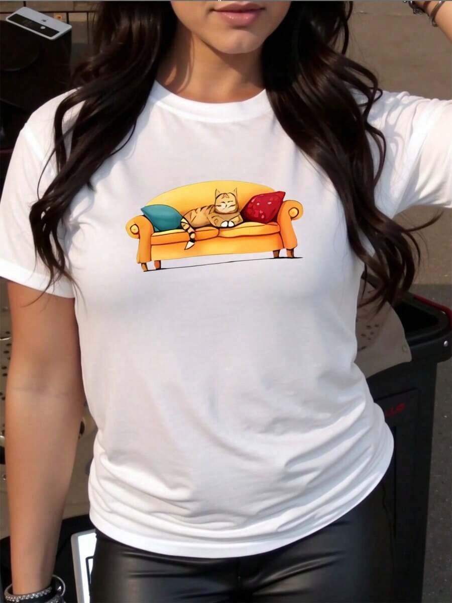 100% Cotton Women's Casual Summer T-Shirt With Round Neck, Print Of A Cat Sleeping On A Yellow Sofa, Regular Fit, Medium Stretch Knit Fabric, Women's Simple Solid Color T-Shirt, Loose And Slim Fit Casual Short Sleeve - 白色的 - 查看 1