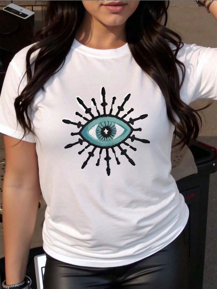 100% Cotton Women's Casual Summer T-Shirt With Round Neck, Turquoise Eye Embroidery, Regular Fit, Medium Elasticity Knit Fabric, Women's Simple Solid Color T-Shirt, Loose And Slim Fit Casual Short Sleeve - 白色的 - 查看 1