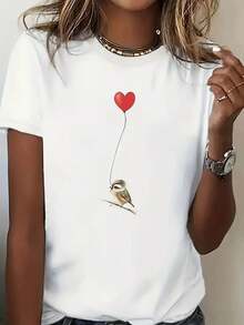 Graphic Print T-Shirt, Short Sleeves And Round Neck, Casual Top For Summer And Spring, Women's Clothing - 白色 - 查看 8