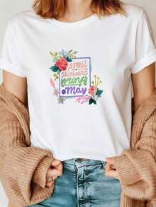 Premium 100% Cotton T-Shirt With "April Showers Bring May Flowers" Print - Casual White Crew Neck T-Shirt, Decorated With A Square Pattern Of Red Roses And Pink Flowers, Paired With Blue Jeans And A Brown Cardigan - Simple Solid Color T-Shirt For Women, Loose Fit, Casual Short Sleeve. Gift Idea. - 白色 - 查看 7