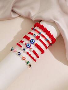6-7pcs/Set Evil Eye Red Braided Bracelet Set, Adjustable Protection Rope Bracelet With Beads And Faux Pearls, Stackable Good Luck Jewelry For Women - Multicolor - View 13