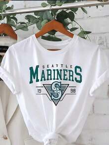 1 pieza de camiseta casual de manga corta con cuello redondo para mujer, con estampado retro de los Seattle Mariners, perfecta para primavera y verano. 180g Algodón 100%. - Blanco - Ver 2