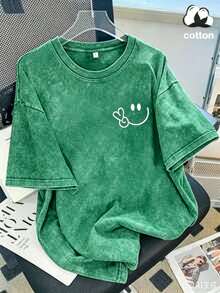 Vintage Washed Cotton Loose-Fit T-Shirt, Cute Face And Heart Print, Women's Casual Tree Style Short-Sleeve Top, Wrinkle-Resistant Washed Cotton T-Shirt Vintage Style--Everyday Outfit T-Shirt Women's Basic Tee - 淺綠 - 查看 3