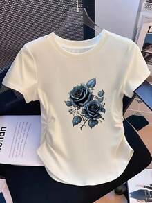 Short-Sleeved T-Shirt With Round Neck And Fitted Cut, Solid Color, With Pleated Detail At The Waist, Y2K Style, Elegant And Romantic Design With Blue Rose Bouquet Print And Artistic Lettering, Suitable For The Spring, Summer, Autumn And Winter Seasons. - White - View 3