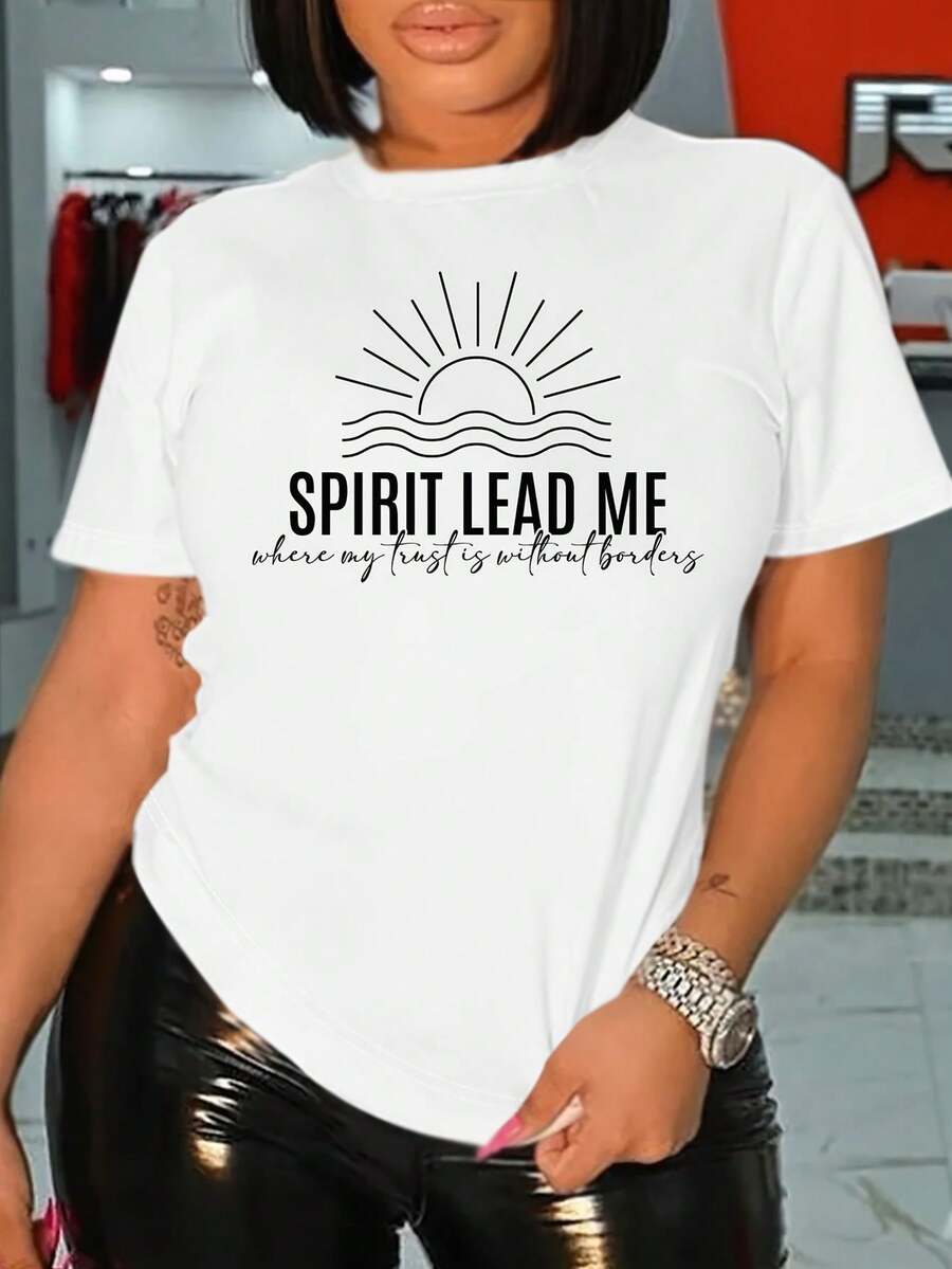 Women's Casual Graphic T-Shirt - Spirit Print, Take Me, Short Sleeve, Crew Neck, Breathable, Spring/Summer Essential, White With Sunrise Design, Everyday T-Shirt, Relaxed Fit, Stretchy Texture, Women's T-Shirts, Women's Tees, Women's Tees - 白色 - 查看 1