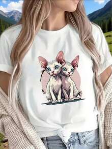 This Lightweight, Short-Sleeved T-Shirt, Made From 100% Cotton, Features A Cute Cat Print And Is Perfect For Lounging At Home, Going To Cafes, Or Enjoying Outdoor Activities. It's Made From A Soft And Comfortable Material. This Casual And Comfortable Summer T-Shirt For Women Has A Round Neck And A Relaxed Fit. - 白色 - 查看 2