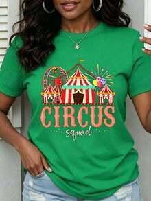 Women's Short-Sleeve Circus T-Shirt, Fun, With A Carnival-Themed Print, Ideal For Parties, Casual Summer Wear For Festivals And Events. Pretty Blouses, 100% Cotton. - 綠色的 - 查看 5