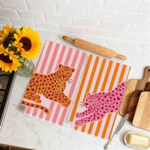 MEMNUN 2pcs Pink Orange Striped And Leopard Print Kitchen Towels, Dish Towels, Hand Towels, Dish Cloths, Home Decor, Kitchen Decor, Hand Towels, Kitchen Accessories, Machine Washable, Cleaning Supplies, Suitable For Restaurant, Kitchen, Bathroom, Home Decor And Gift, All Season Use, 40*60cm/45*70cm, Ultra-Soft Microfiber - Multicolor - View 2
