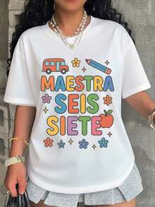 Women's T-Shirt, Colorful Teacher Design T-Shirt For Women And Girls, School Themed Graphic T-Shirt With Bus, Pencil, Apple And Flowers Design, Perfect For Back To School Or Teacher's Day - 白色 - 查看 1