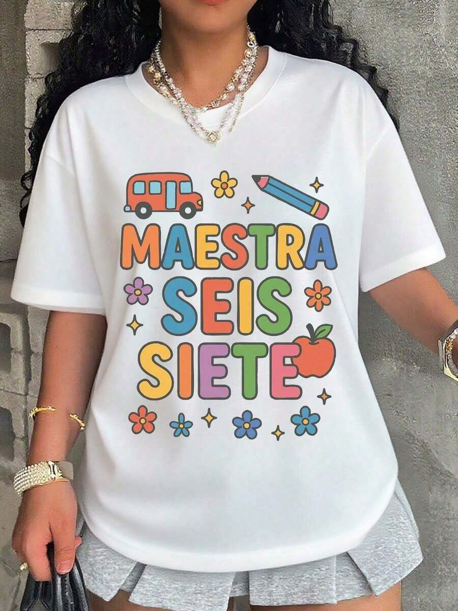 Women's T-Shirt, Colorful Teacher Design T-Shirt For Women And Girls, School Themed Graphic T-Shirt With Bus, Pencil, Apple And Flowers Design, Perfect For Back To School Or Teacher's Day - 白色 - 查看 1