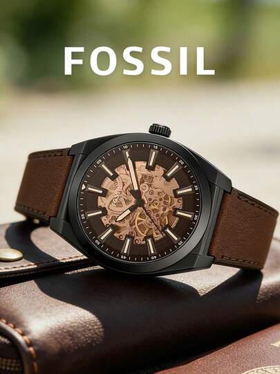 Fossil Everett Automatic Brown LiteHide™ Leather Men's Watch, Skeleton Dial, Brown/Gold Dial, Understated Masculine Style, Fashion Design, Unique Vintage Business, Suitable For Daily Work Attire, Gift For Father's Day, Anniversary, Husband, ME3207