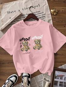 Money Bear T-Shirt With "NOT TODAY" Text, Fashionable Short-Sleeved T-Shirt For Spring And Summer 2026, Made In Mexico, 180 Grams. Cartoon Print, Couple Design, Suitable For Indoor Or Outdoor Wear. Crew Neck, Unisex, Ideal For Office And Leisure. One-Pack. - PK-P631577SLNDXZGY579 - 查看 4