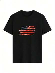 American Flag T-Shirt In Painted Style, Fashionable Short-Sleeve T-Shirt For Spring/Summer 2026, Made In Mexico, 180 Grams. Cartoon Print, Couple Design, Suitable For Indoor Or Outdoor Wear. Crew Neck, Unisex, Ideal For Office And Leisure. One-Pack. - BK-P631577SLNDXZGY613 - 查看 2