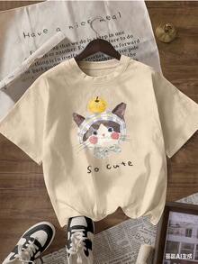T-Shirt With Cat, Handkerchief, And Fruit, "So Cute" Text, Fashionable Short-Sleeved T-Shirt For Spring And Summer 2026, Made In Mexico, 180 Grams. Cartoon Print, Couple Design, Suitable For Indoor Or Outdoor Wear. Crew Neck, Unisex, Ideal For Office And Leisure. One-Pack. - APR-P631577SLNDXZGY599 - 查看 4