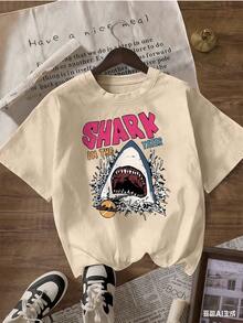 Shark T-Shirt With "Shark In The Water" Text.  Short-Sleeved T-Shirt For Spring/Summer 2026, Made In Mexico, 180 Grams. Cartoon Print, Couple Design, Suitable For Indoor Or Outdoor Wear. Crew Neck, Unisex, Ideal For The Office And Leisure. One-Pack. - APR-P631577SLNDXZGY624 - 查看 3