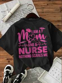 | Exquisite Design | Loose And Comfortable | Easy To Match | [Double-Sided Print] Women's T-Shirt For Spring/Summer, Professional Style, Stethoscope Print, Heartbeat Line, Nurse Mom Print, Pure Cotton, Casual Daily Wear, Short Sleeve, Round Neck, Women's T-Shirt [Hongk] - 黑色 - 查看 3
