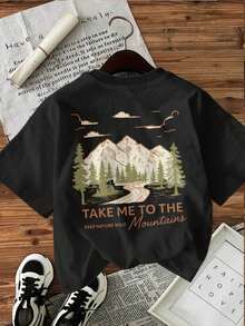 | Exquisite Design | Loose And Comfortable | Easy To Match | [Double-Sided Print] Women's Spring And Summer T-Shirt, Made Of Pure Cotton, Casual Style, Comfortable And Breathable, Short-Sleeved With Print, "Take Me To The Mountains" Themed Design [Hongk]. - 黑色 - 查看 3
