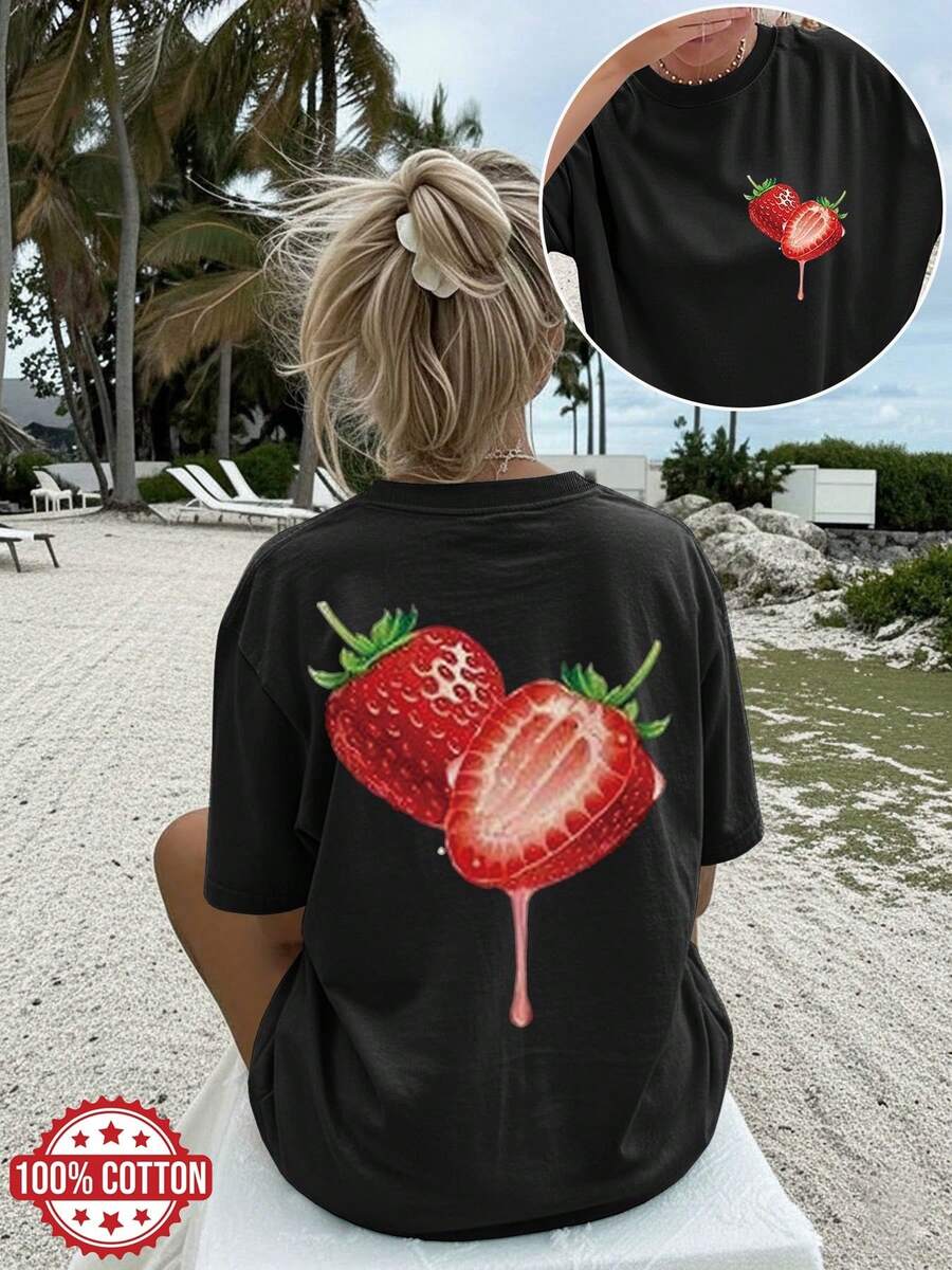 | Exquisite Design | Loose And Comfortable | Easy To Match | [Double-Sided Print] Women's Summer Casual T-Shirt, Cool Style, Strawberry Juice Print, Short Sleeve, Round Neck, Pure Cotton, Plus Size, Drop Shoulder [LangK] - 黑色 - 查看 1