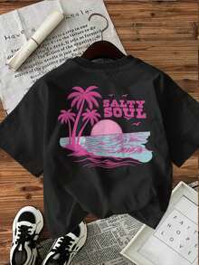 | Exquisite Design | Loose And Comfortable | Easy To Match | [Double-Sided Print] Women's Summer Casual T-Shirt, Vintage Style, Coconut Tree Print, Ocean Wave, SALTY SOUL, Round Neck, Pure Cotton Short Sleeve [Ling K] - 黑色 - 查看 3