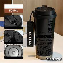 (17oz/500ML)Termo Cup,Collage de Jennie Patrón Vaso Con Popote,Material de Acero Inoxidable de Doble Capa,Con Tapa para Popote,Diseño Antiderrames,Mantiene Caliente 12 Horas,Mantiene Frío 24 Horas Botella de agua,El Regalo Ideal - Negro - Ver 3