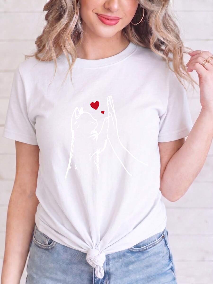 Women's Short-Sleeved T-Shirt With Interactive Cat-Themed Heart Line Print, Round Neck, Machine Washable, Soft And Breathable, Suitable For Spring, Summer, Autumn, Casual And Versatile, Everyday Top For Women, Sizes S-XXL, Ideal For Going To Work, Shopping, Going Out, Relaxing At Home And For Cat Lovers, Suitable For Multiple Occasions. - 白色 - 查看 1