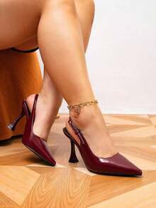 Wide Fit Black Glossy Buckle Decor Backstrap Stiletto Mid Heel Sandals, Fit For Casual, Evening Party, Fashion Dress Up For Plus Size Women - 酒紅色 - 查看 4