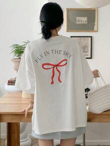 Women's 100% Cotton Oversized Summer T-Shirt, Letter And Bow Print, Round Neck, Drop Shoulder Sleeves, Vintage Casual, New Collection - White - View 7