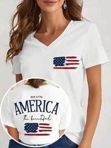 Women's T-Shirt With American Patriotic Flag And "Beautiful America" Print - Double-Sided Print, Breathable Viscose Fiber, Casual Loose Fit For Spring/Summer, American Flag T-Shirt, Breathable Fabric, Vintage Style - 白色 - 查看 2