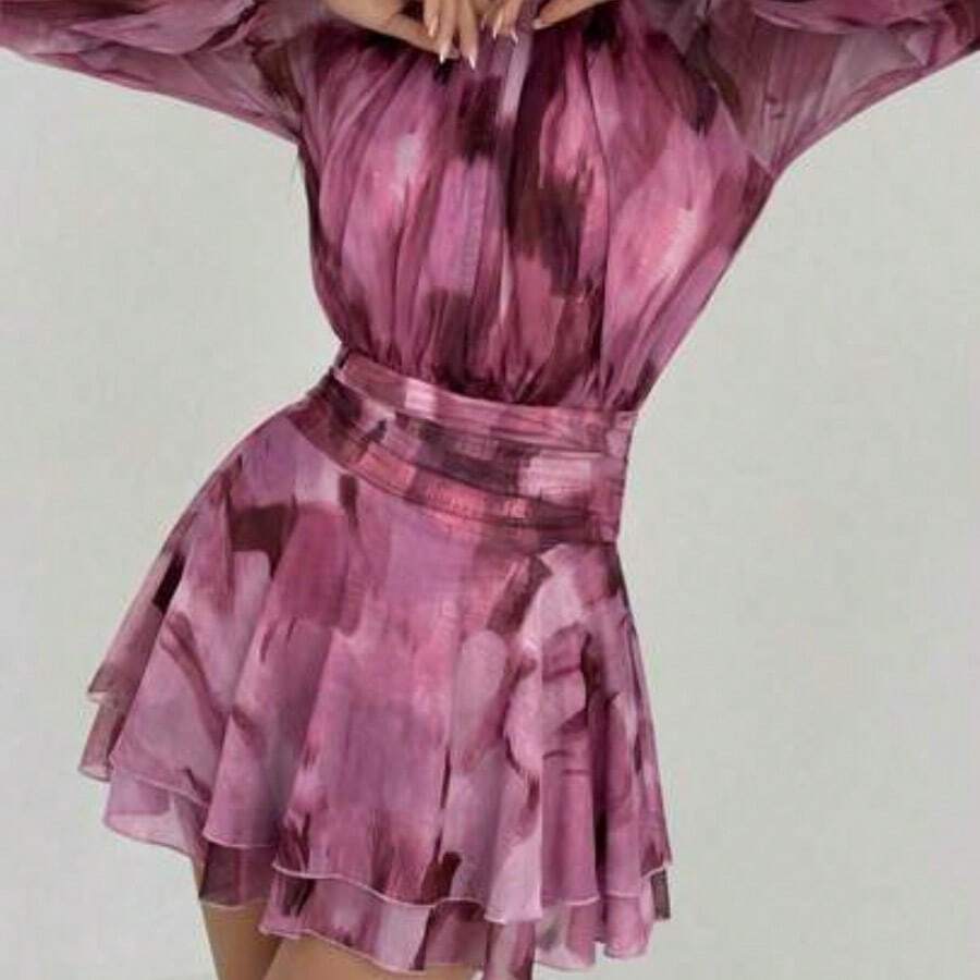 Vestido de manga larga ajustado con silueta de paraguas para mujer, nuevo para otoño/invierno, para uso casual/citas/salidas/maestras, vestido romántico con estampado de teñido anudado en púrpura y cuello alto con lazo en la cintura - Rosa vieja - Ver 1