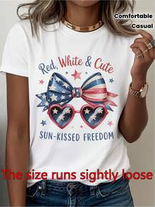 Women's Crew Neck T-Shirt, Comfortable And Casual, With A Fun And Cheerful Design Of Sunny Kisses In Red And White For The 4th Of July, A Must-Have Product For Both Spring And Summer, A Perfect Addition To Your Spring And Summer Wardrobe. - White - View 3