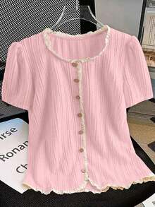 2026 Everyssa Camiseta de mujer con elegante acabado de encaje en contraste de colores, para verano - Rosa - Ver 12