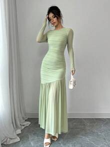 Vestido largo de manga larga con cuello redondo y malla para mujer, vestido casual de otoño.Adecuado para ropa de otoño, atuendo de regreso a clases, atuendo de maestro - verde menta - Ver 1