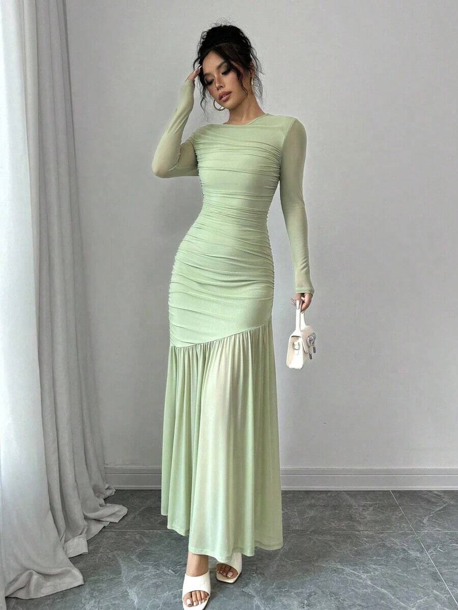 Vestido largo de manga larga con cuello redondo y malla para mujer, vestido casual de otoño.Adecuado para ropa de otoño, atuendo de regreso a clases, atuendo de maestro - verde menta - Ver 1