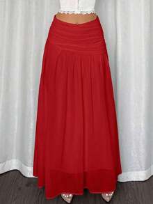 Falda larga plisada con cierre asimétrico de gasa blanca elegante y minimalista para mujer, adecuada para verano, playa, vacaciones y uso casual - Rojo - Ver 7
