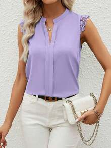 Clasi Camisa de mujer sin mangas de unicolor con cuello en V elegante y parche de encaje, verano - Púrpura malva - Ver 4