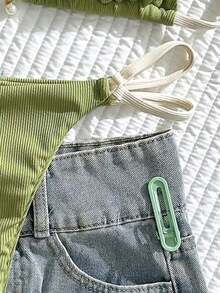Conjunto de bikini para mujer de color liso con tirantes ajustables y colgante de perla, sexy para el verano - Verde - Ver 5