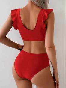 Conjunto de traje de baño para mujer, conjunto de unicolor con escote cuadrado tipo bandeau, tirantes con volantes - Rojo - Ver 2
