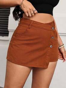 PETITE Short vaquero sexy con bolsillo frontal, cruce de cintura y abotonado para mujer - Óxido marrón - Ver 5