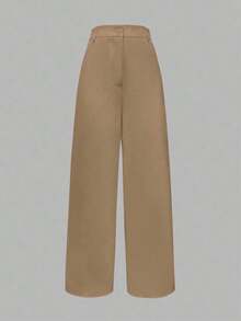 Pantalones acampanados de cintura alta con bolsillos de unicolor, de ajuste holgado, para mujer, para primavera y otoño - Caqui - Ver 2
